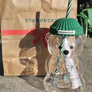 Starbucks Bear-Shaped Clear Cup with Green Lid and Straw